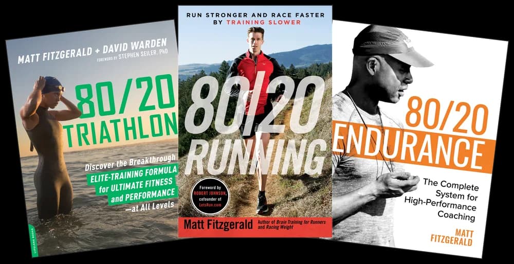 The covers of 80/20 Running, 80/20 Triathlon, and 80/20 Endurance, the books behind the training method.